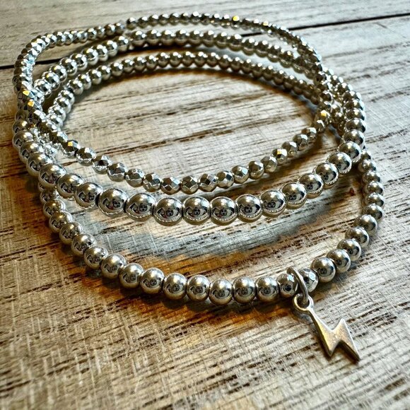 Silver Minimalist Stack – 3 Piece Silver Hematite Bracelets w/Sterling Silver - Picture 1 of 2